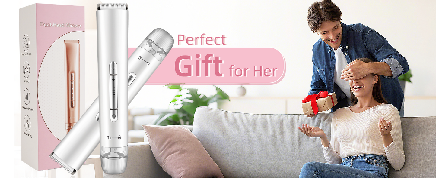2 in 1 Electric Women Shaver Dual Head Bikini Trimmer Waterproof Wet Dry Use Facial Hair Remover for Underarm Leg Arm Body Face