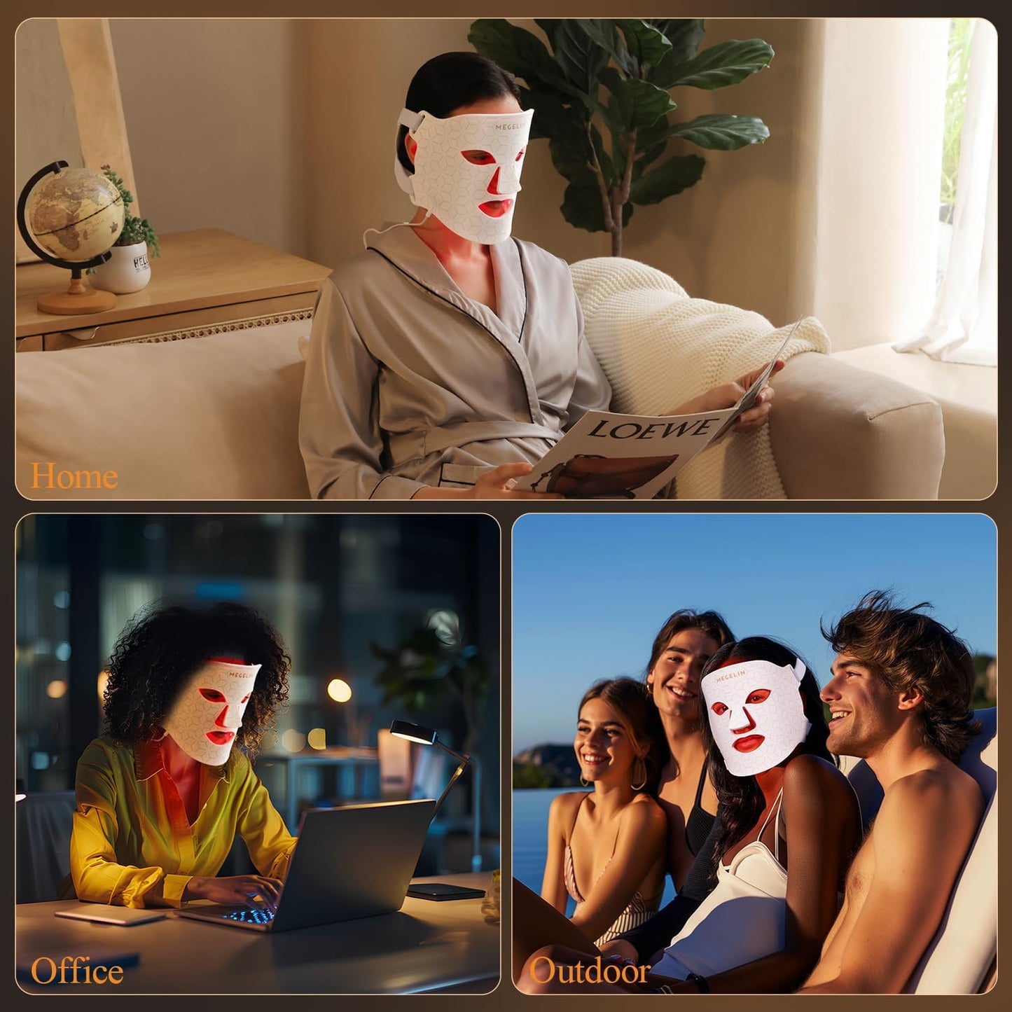 Showing MEGELIN 7 Color LED Light Therapy Face Mask use