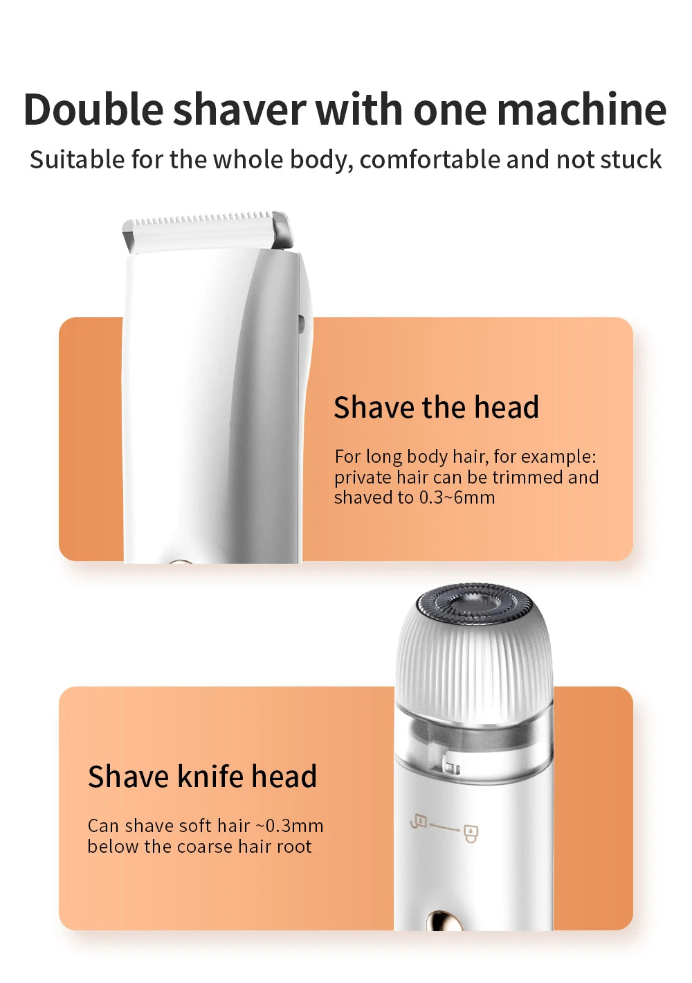 2 in 1 Electric Women Shaver Dual Head Bikini Trimmer Waterproof Wet Dry Use Facial Hair Remover for Underarm Leg Arm Body Face