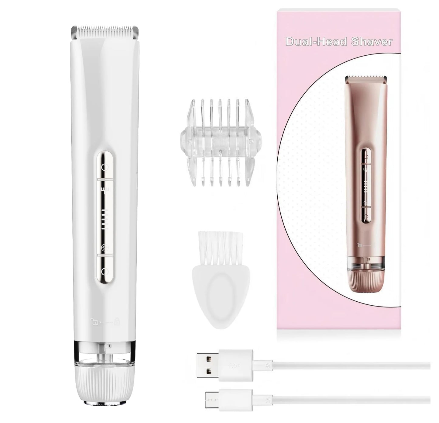 2 in 1 Electric Women Shaver Dual Head Bikini Trimmer Waterproof Wet Dry Use Facial Hair Remover for Underarm Leg Arm Body Face